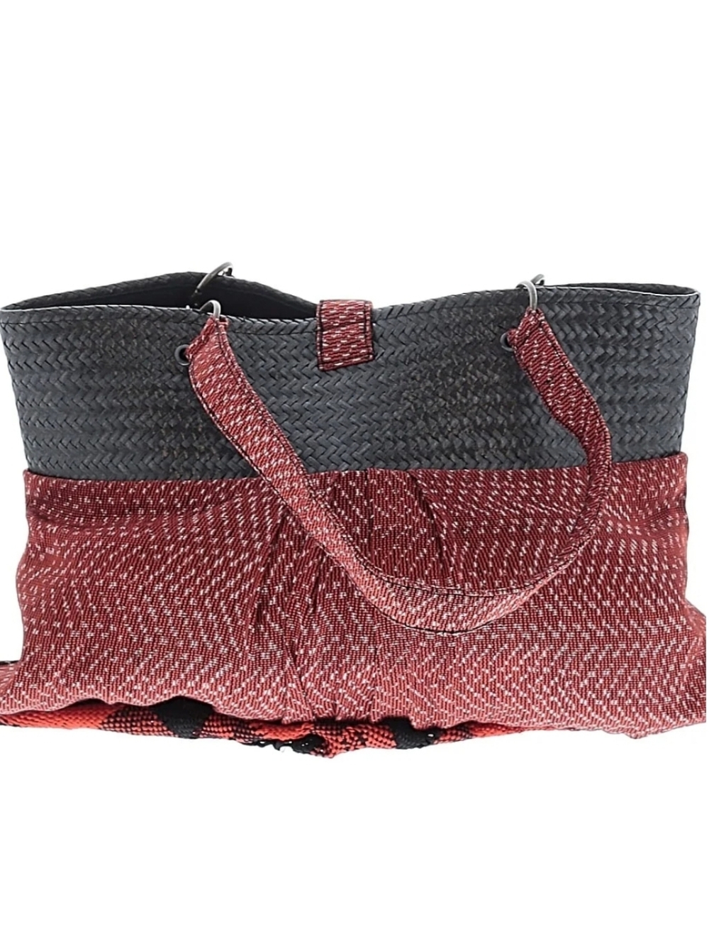 Black Woven Straw Bag With Red & Black Check Fringed Ends - Picture 10 of 10